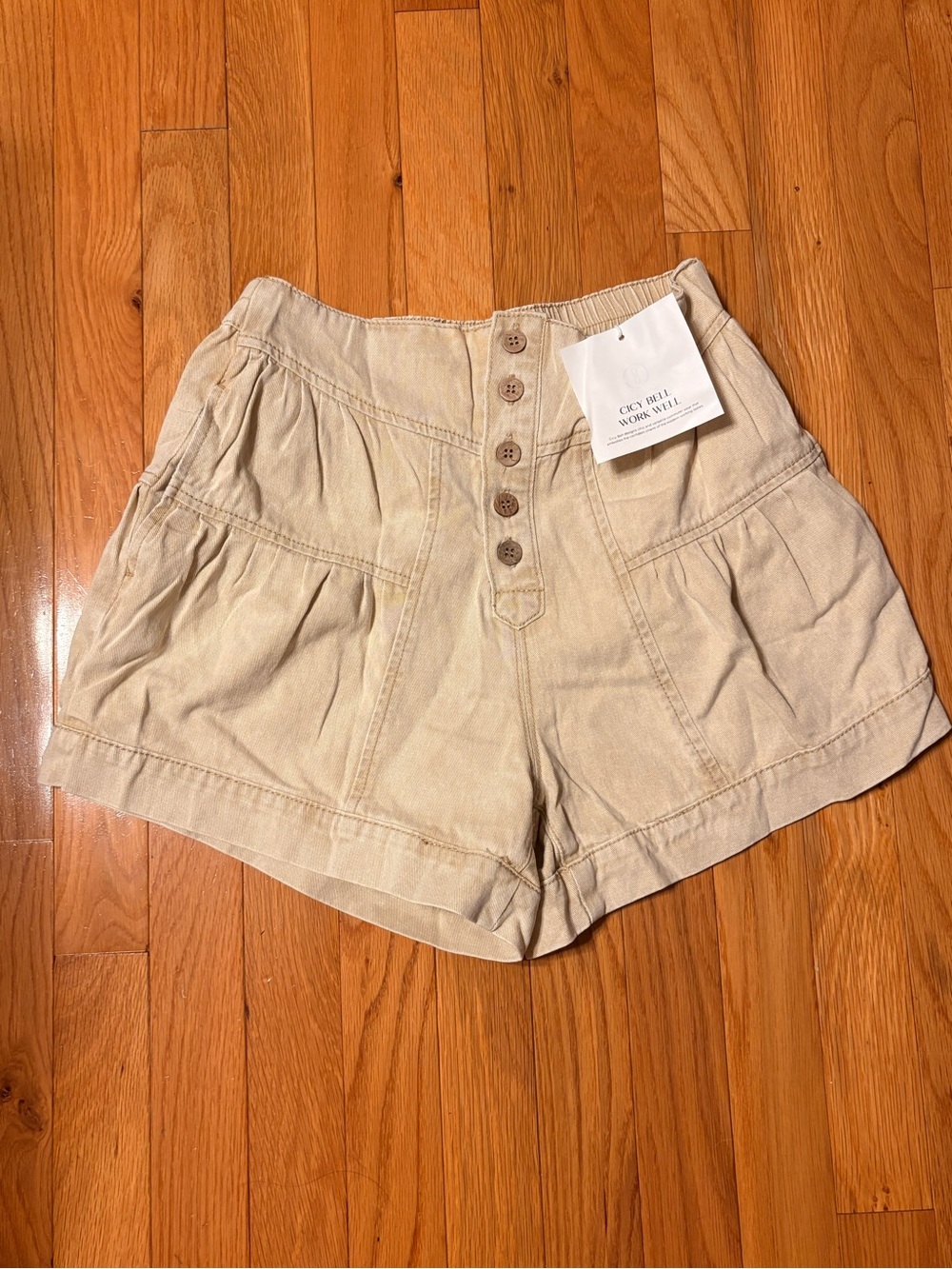 High-Waist Cream Button-Front Linen-Blend Shorts